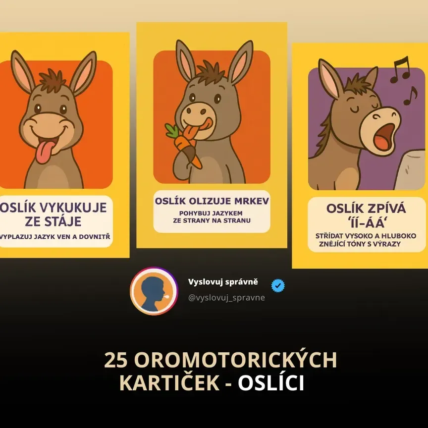 Oslíci — oromotorické kartičky pro děti | veselé cvičení mluvidel a jazýčku